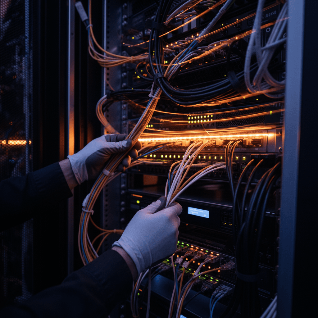 An editorial documentary aesthetic close-up of a data center server rack, with hands adjusting cables and monitoring equipment.